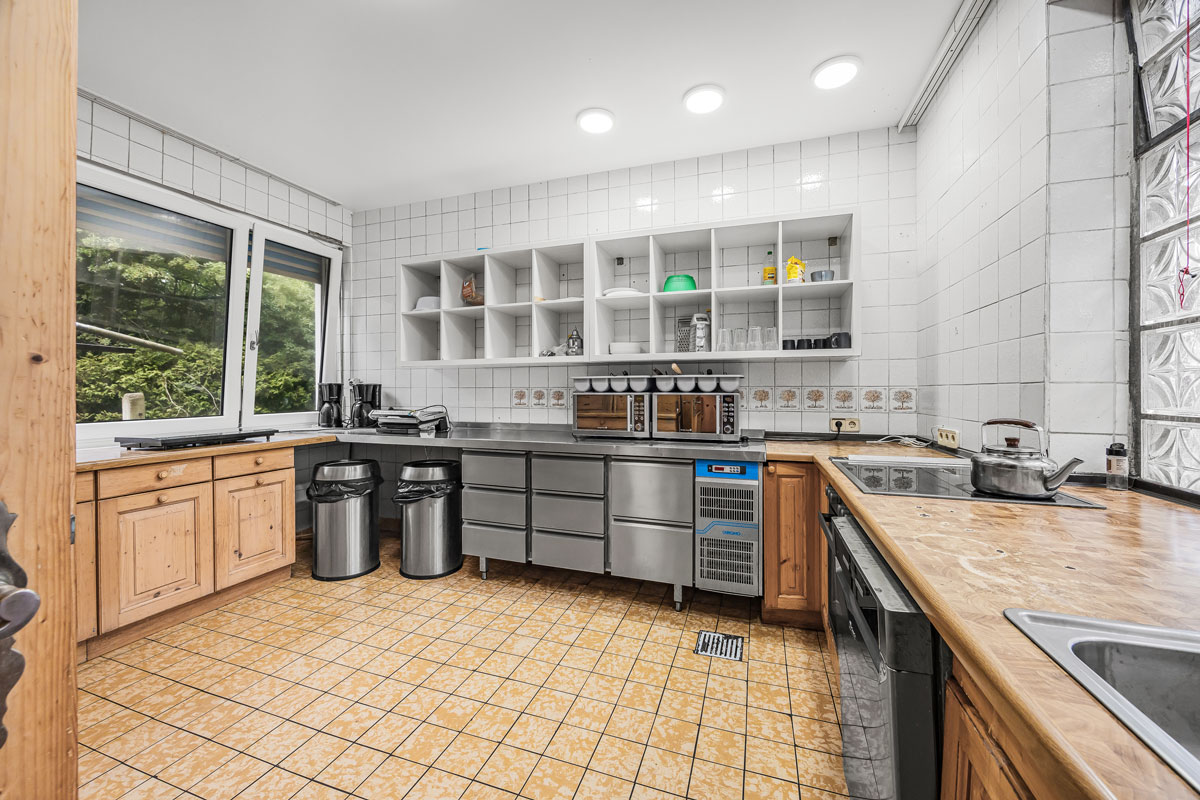 Moderne Küche mit Edelstahlgeräten, Holzmöbeln, Fliesenboden und Regalen.